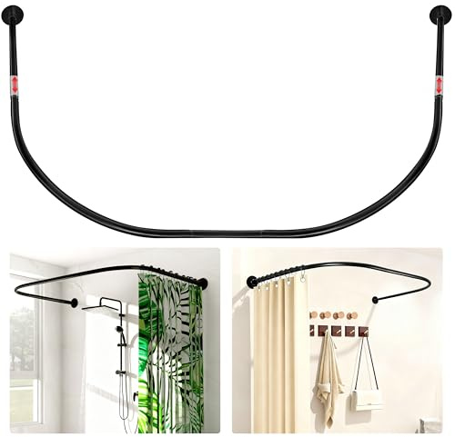 ZAIONE U-Shaped Shower Curtain Rail: Adjustable 90-130cm Black Curved Corner Shower Pole Drill or No-Drill Stainless Steel Modern Industrial Design for Corner Bathroom Glass Enclosure