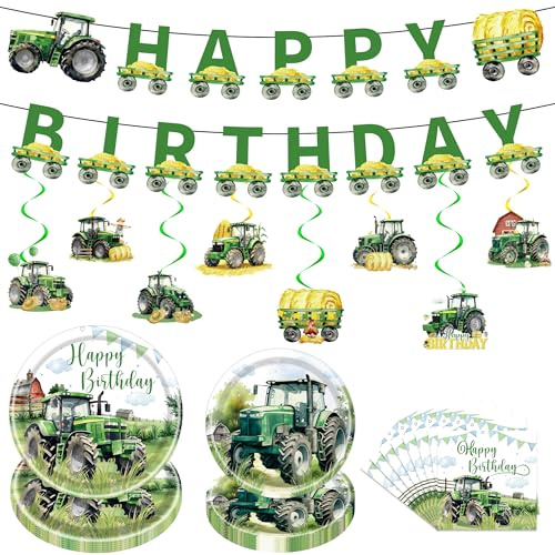 OIODDYY Traktor Deko Geburtstag Junge Kinder - 106 Stück Deko fur Kinder | Bauernhof Traktor Deko mit Tellern Servietten Banner für 24 Gäste perfekt für Jungen Kindergeburtstag