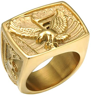 RZRPYFMM Wikinger Adler Ring, Herren Edelstahl Amerikanische Flagge Weißkopfseeadler Ring, Patriot Eagle Square Siegelring,Gold,9