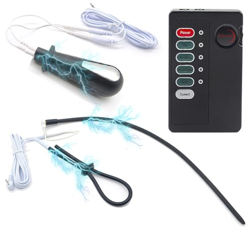 ScreaAss 3-In-1 Elektro Shock 34Cm Silikon Harnröhren Dilatatoren Analplug Penisring Set Elektrische Stimulation Buttplug Penis Plug Sounds Dilator SM E-Stim Reizstromgerät Für Männer,Schwarz/b,Set