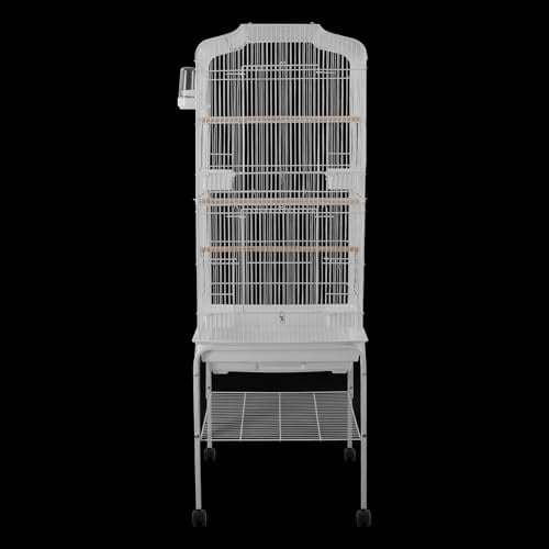Freestanding Bird Cage Large Bird Cage with 4 Feeding Bowls & Waterer & 4 Universal Wheels & 2*Brake & Storage Rack & Slide-Out Tray & Mesh Panel Budgie Aviary for Balconies, in Homes, Shop（White）