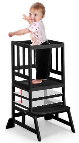 COSYLAND Montessori Lernturm ab 1 Jahr – Höhenverstellbarer Kinder Lernturm & Learning Tower für Küche, sicherer Montessori Tower mit 2 Stufen, Kippschutz & rutschfesten Matten, Klassisch Schwarz