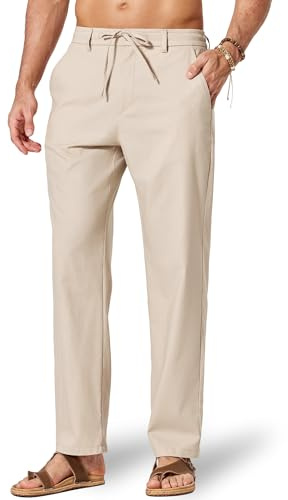 COOFANDY Men's Cotton Linen Pants [Relaxed Fit ] Casual Drawstring Dress Pants Beach Summer Lightweight Trousers Beige