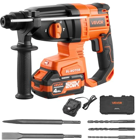VEVOR Rotary Hammer Drill, 7/8 in SDS-Plus Cordless, 20V Battery Powered Rotary Hammer, Brushless, Including Battery, Charger, 3 Drill Bits, Flat Chisel, Pointed Chisel, Carrying Case, for Concrete