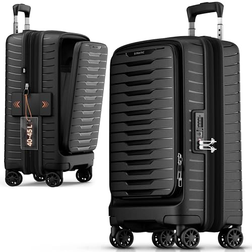 Stratic NOVIUM Hartschalenkoffer – Trolley mit 4 Rollen, TSA-Zahlenschloss, erweiterbar, aus Polypropylen, Innenfutter aus recyceltem PET, mit Fronttasche,Größe S, Black