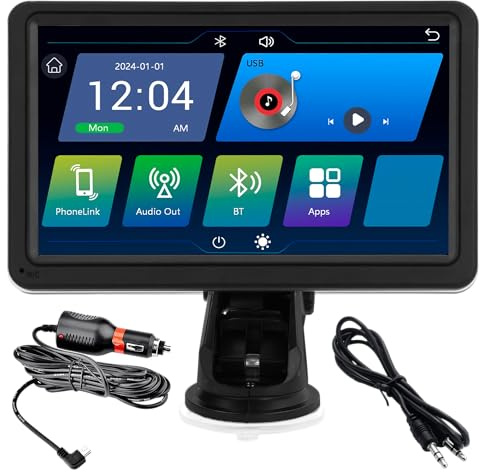 Simply Auto 7 Inch Smart In-Car Display – Wireless Apple CarPlay & Android Auto, Bluetooth Hands-Free, FM Transmitter, AUX, Screen Mirroring, Voice Assistant, 1024x600 Touch Screen