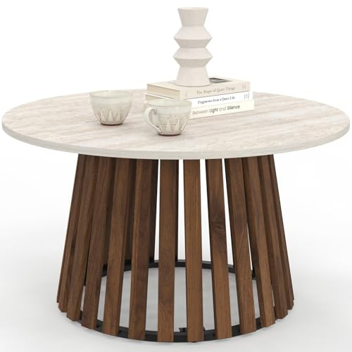 IDMarket - Runder Couchtisch Carmen 70 cm mit Füßen aus Holz in Nussbaumoptik und Platte aus Travertin