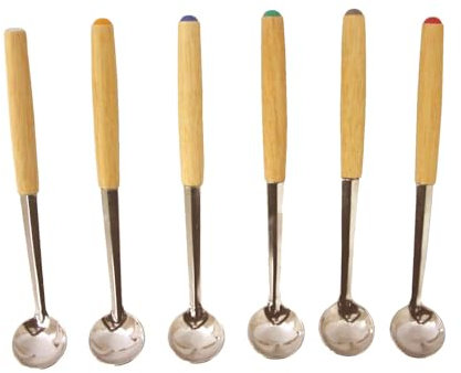 JUEGO 6 CUCHARILLAS SALSERAS CUCHARA SALSA FONDUE MADERA METAL PEQUEÑA