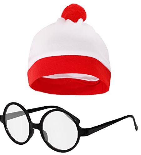 Rot Weiß Pudelmütze Brillen Gehstock Kostüm Welttag Des Buches - Hut & Gläser, Einheitsgröße, Einheitsgröße