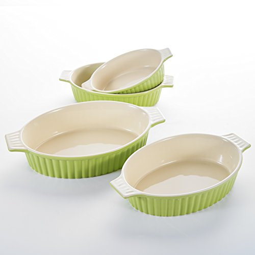 MALACASA, Serie Bake.Bake, 4 teilig Set Porzellan Backform Kuchenform Brotbackform Teller Suppenteller Tafelservice Back Schale Auflaufform Ofenform Grün