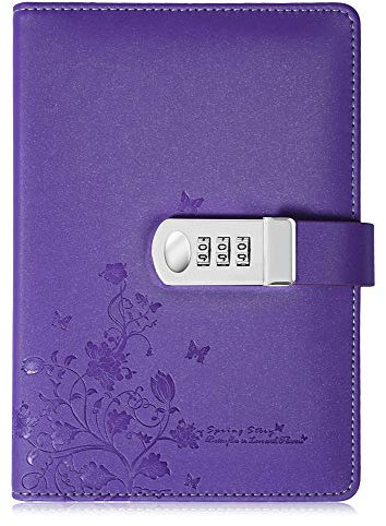 PU Leather Diary with Lock, A5 Size Journal with Combination Lock Creative Password Notebook Locking Personal Diary (Purple)