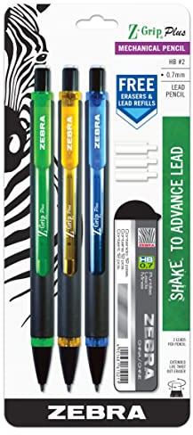 Zebra Pen Z-Grip Plus Mechanical Pencil, Smooth Writing, Latex-Free Grip, 0.7mm Lead, #2 HB, Shake to Advance the Lead, Assorted Barrel Colors, Green, Yellow, Blue, 3-Pack (55403)