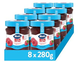 Hero Light Confettura di Lamponi Light, 8 Vasetti da 280 gr, Marmellata e Confettura extra, frutta di Alta Qualità, senza conservanti e senza coloranti, pochissime calorie per porzione