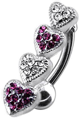 Monster Piercing Bauchnabelpiercing Four Hearts Link Reverse Bar 925 Sterling Silber Bauchnabelpiercing Piericng, Kristall, zirkonia