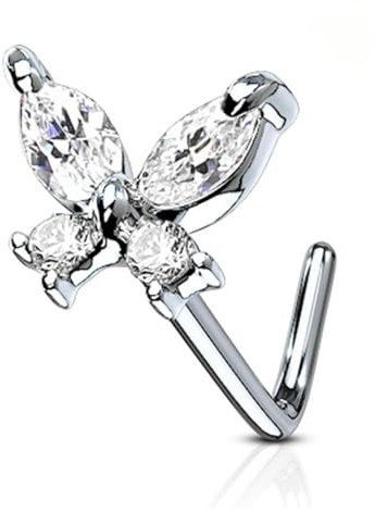 Tapsi´s Coolbodyart® Nasenpiercing L Stecker Gebogen Chirurgenstahl 316L Silber Zirkonia Schmetterling Klar
