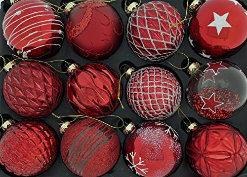 MC Trend Juego de 12 bolas de Navidad de cristal, 8 cm de diámetro, decoración para árbol de Navidad, rojo