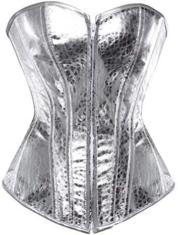 Josamogre Leder Korsett Corset Top Damen Kunstleder Corsage Gothic Reißverschluss Sexy Silber L