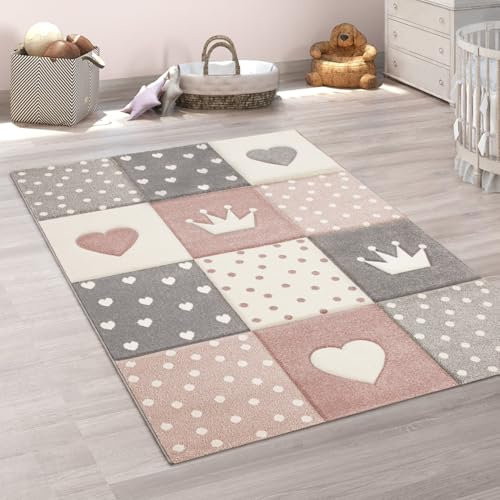 Paco Home Teppich Kinderzimmer Junge Mädchen Kinderteppich Spielteppich Kurzflor 3D Optik Pastell Punkte Herzen Krone, Grösse:140x200 cm