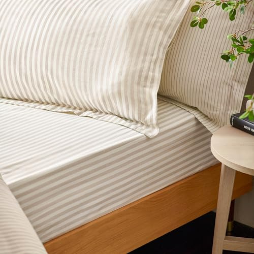 Yard Hebden Midi Streifen Spannbettlaken – Ultra Weich 100% Baumwoll Gestreift Bettlaken (Natürlich – Super King – 180x200x32cm)