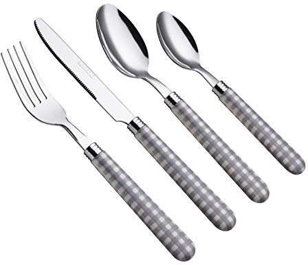 EXZACT Edelstahl-Besteck Set 24 Stück - Gingham Farbige Griffe - 6 x Tafelgabeln, 6 x Tafelmesser, 6 x Abendessen Löffel, 6 x Teelöffel (24 x Grau)
