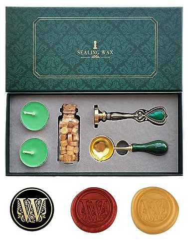 Ausgefallene Buchstaben W Wachssiegel-Stempelset, AMTOL Wachssiegel-Stempelset im europäischen Stil, Geschenkbox-Set, Vintage personalisierte Wachssiegel-Stempel für Briefkarten-Einladungen (W)