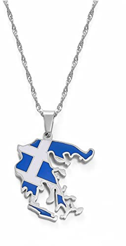 LIUZIXI Griechenland Karte Anhänger Halskette - Hip Hop Ethnische Griechische Landkarten Nationalflagge Anhänger - Für Frauen Männer Patriotischen Charme Schmuck Jubiläumsgeschenk,Silber