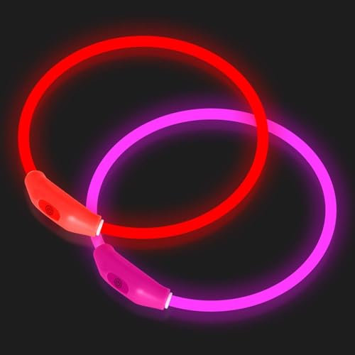 Novkin 2-Pack LED-Hundehalsbänder, leuchtende Hundehalsbänder, wiederaufladbare Hundelichter, Wiederverwendbare Sicherheitshalskette für kleine, mittelgroße und große Hunde, Rot und Pink