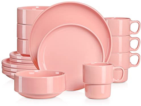 LOVECASA Juego de Vajillas Redondos de 16 Piezas, Vajilla de Porcelana, Cada Una con 4 Cuencos, 4 Tazas, 4 Platos de Postre y 4 Platos de Cena, Rosa