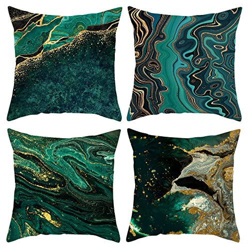 HOSTECCO Grüne Marmor-Kissenbezüge, 45 x 45 cm, 4 Stück, Grün Gold, abstrakte Kissenbezüge, moderne dekorative Kissenbezüge für Sofa, Couch, Bett