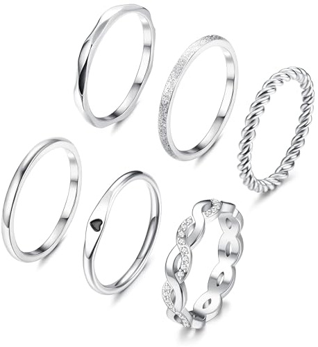 JeryWe 6 Pcs Stainless Steel Rings for Women Set Knuckle Rings Stackable Simple Carve Heart Wedding Bands Engagement Promise Eternity Bands Thumb Ring for Women 8