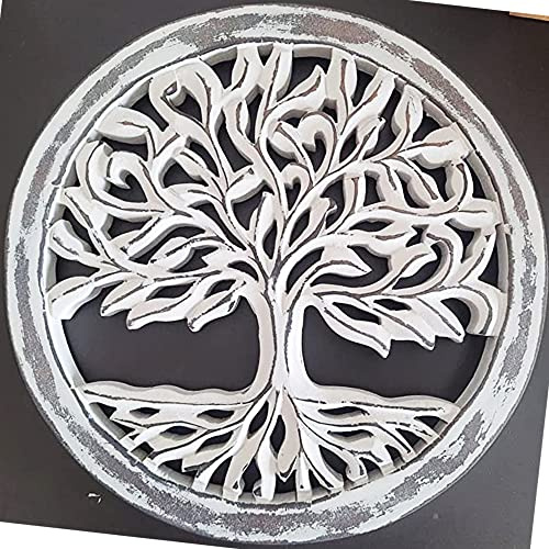 TrendBell Wooden White Wash Tree of Life Wall Art Panel Indoor and Outdoor Wall Hanging Sculpture | Wood Tree of Life Altar Wall Panel 11.75 Inch Diameter