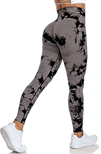 Vertvie Boom Booty Leggings Damen Sport Leggings High Waist Push Up Po Seamless Leggings Scrunch Sportleggings Hose Slim Fit Fitness Hosen Damen Gym(Tie Dye Grau,L)