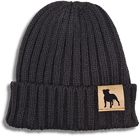 siviwonder Beanie Strickmütze Wintermütze Unisex One Size mit Label Hundemotiv American Staffordshire Terrier, Umschlag, Gassimütze für Damen und Herren, für Spaziergang und Training draußen Black