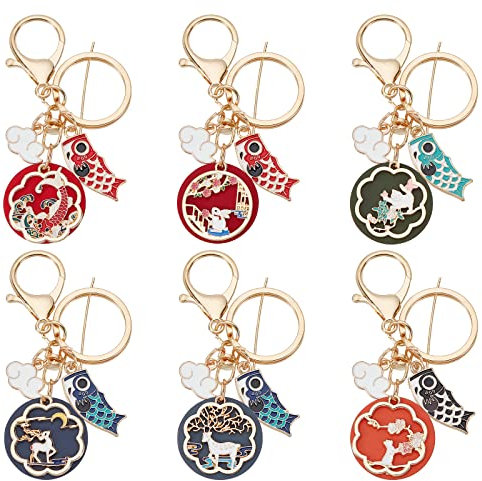 OLYCRAFT 6 Pcs Style Chinois Koi Poisson Porte-Clés Porte-Clés en Céramique Chat & Cerf & Lune & Lapin Porte-Clés Carpe avec Fermoir Homard pour Téléphone Charme Handag Sac à Dos