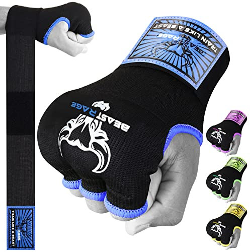 BEAST RAGE Guantoni da Boxe in Gel per Le Mani, 75 cm, Imbottiti, Elastici, per Allenamento, Muay Thai, Bende UFC per Uomo, Donna e Bambini (S (Adulto), Blu)
