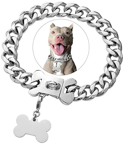 Hundehalsband aus Edelstahl, kubanische Silberkette, robuste Halskette für kleine, mittelgroße und große Hunde, amerikanischer Bulldogge, luxuriöse Sicherheit, personalisierte Hundemarke