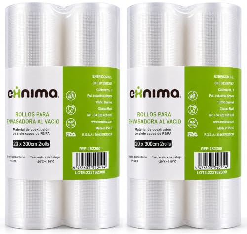 EXNIMA, Lot de 4 rouleaux sous vide pour emballage sous vide, scellant sous vide réutilisables, sacs sous vide gaufrés pour conservation des aliments, sous vide cuisine, 20x300 cm.