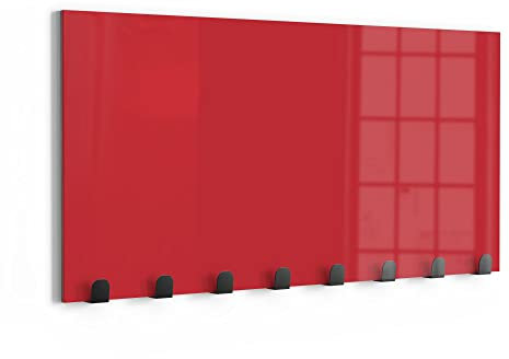 DEQORI Wandgarderobe Glas & Metall | Unifarben - Rot | 60x30 cm | Design Haken-Leiste modern | Garderoben-Paneel für Flur, Wohnzimmer & Schlafzimmer | magnetisch & beschreibbar