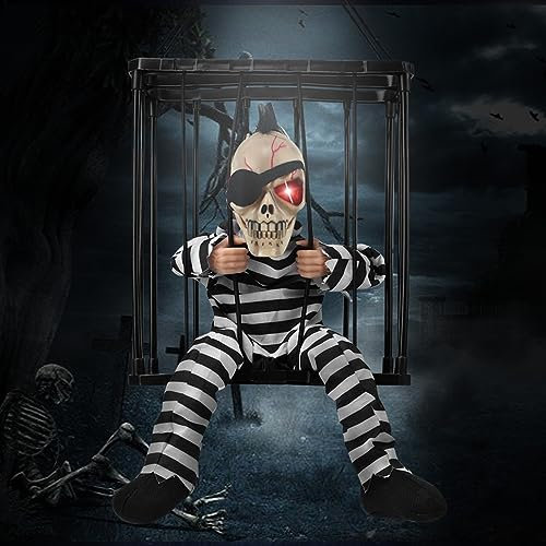 Animierte Halloween-Dekorationen, schreiende Halloween-Dekor-Requisiten mit Bewegungsmelder, gruseliger Totenkopfkäfig, Gefangene Spukhaus-Dekor mit gruseligen Geräuschen und leuchtenden Augen (B)