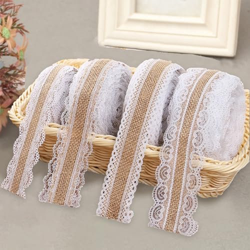Juteband mit Spitze, 4 Roll Vintage Juteband Natur, Jute Sackleinen Band Spitzenband Weiß Geschenke Deko für Hochzeit Weihnachten Dekoband, DIY Bastelbedarf Geschenkband (4 roll)