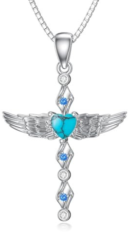 YAFEINI Kreuz Türkis Halskette für Damen 925 Sterling Silber Engel Flügel Kette Kreuz Türkis Schmuck Geschenke für Frauen Mädchen (Türkis Halskette)