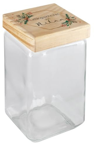 Herz & Heim® Vorratsglas mit Holzdeckel inkl. individuellem Aufdruck (polygoner Weihnachtskranz, 11 cm x 11 cm x 22,5 cm (B/T/H))
