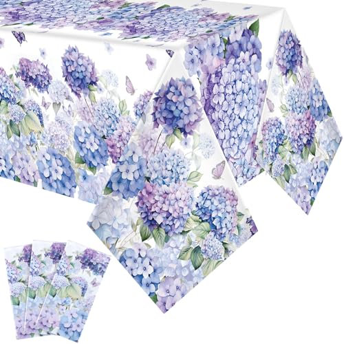 Peryiter 3 Pcs Spring Hydrangea Plastic Tablecloths for Rectangle Tables Watercolor Flower Butterfly Tablecloth Disposable Table Cover Floral Table Cloth for Easter Summer Party Decoration, 54 x 108''