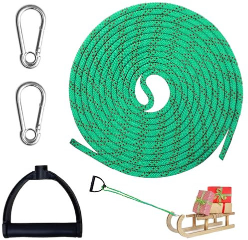 Schlittenseil Zugseil,Schlitten Seil 4m,Schlittenseil Mit Karabiner,Schlittenleine Mit Griff,Premium Schlittenleine,Schlittenseil mit Holzgriff,Schlitten Zugseil für Schlitten und Rodel im Winter