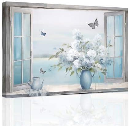 ZXHYWYM Fensterbilder Ozean Wanddekoration Aquablau Strand Blume Schmetterling Leinwanddruck Küstenkunstwerk Bauernhaus Badezimmerdekoration mit Rahmen (B (30.00 x 45.00 cms))