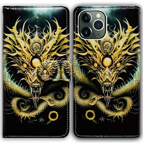 Bcov iPhone 11 Pro Max Case,Golden Dragon with Ball Leather Flip Phone Case Wallet Cover with Card Slot Holder Kickstand for iPhone 11 Pro Max