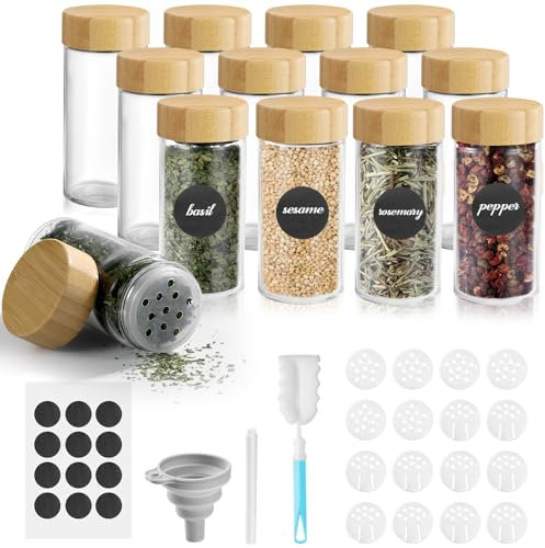 Moreau Set Di 12 Barattoli Cucinaper Spezie In Vetro Trasparente Da 100 Ml Con Coperchio Di Chiusura In Bambù E Legno, Barattoli Spezie,Barattoli Vetro Con Coperchio,Da Cucina Con Pennello E Imbuto