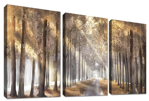 3 Pcs Sonniger Waldbaum Mit Rahmen Leinwand Bilder Abstrakte braune Wälder Bild auf Leinwand Malerei Poster Wandbilder Wanddeko Gaststätte Wohnzimmer Schlafzimmer Dekorationen 120x60cm (16x24x3pcs)