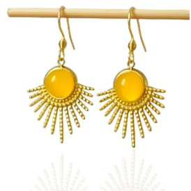 Sonnen Ohrringe, Achat Gelb Ohrringe, gelber Edelstein, rund, Sonnenstrahlen, vergoldete Edelstahl Hängeohrringe, Unikat Schmuck, Muttertag Geschenk