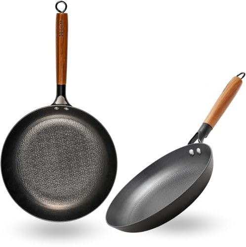 lätt Home Juego de Sartenes Hierro Fundido Antiadherente Aptas para Cocina de Inducción Gas Vitrocerámica Eléctrica Horno Lavavajillas - Mango Madera Acacia Removible - Set 2 Diámetros 24-28 cm
